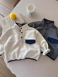 2025 Autumn Winter New Boys Warm Polo Shirt Girls Velvet Top Coats 1-6y Toddler Fleece Solid Color Bottom Shirt Children Clothes