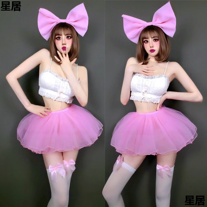 Nightclub DJ Female Singer Sexy Stage Outfits Pink Bow Sling Tops Mesh Skirt Women Jazz Dance Costume Stage Performance Clothing