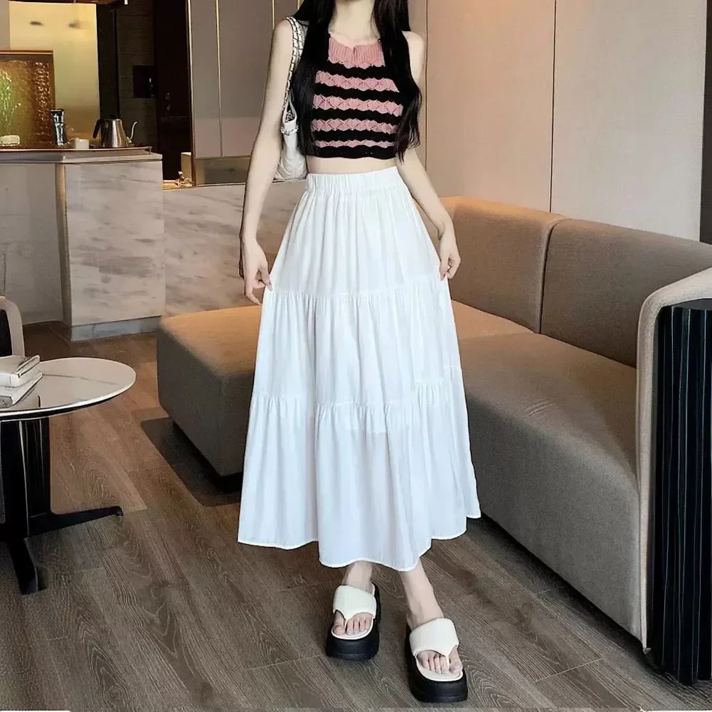 

Women Skirt A-Line Fairy High Elastic Waist Holiday Loose Mid-Length Regular Skirts Solid Color Spliced White Daily