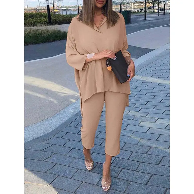 

Women's Cotton Elastic Waist Casual Pants Set Summer Faion Tee-Piece Suit Nine-Piece Pants Seven-Sve Top Casual Sle