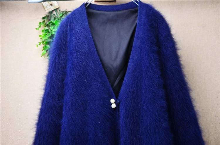 1.3KG Heavy Thick Female Women Autumn Winter Blue Bead Hairy Mink Cashmere Knitted Long Sleeves Loose Long Sweater Cardigan Coat