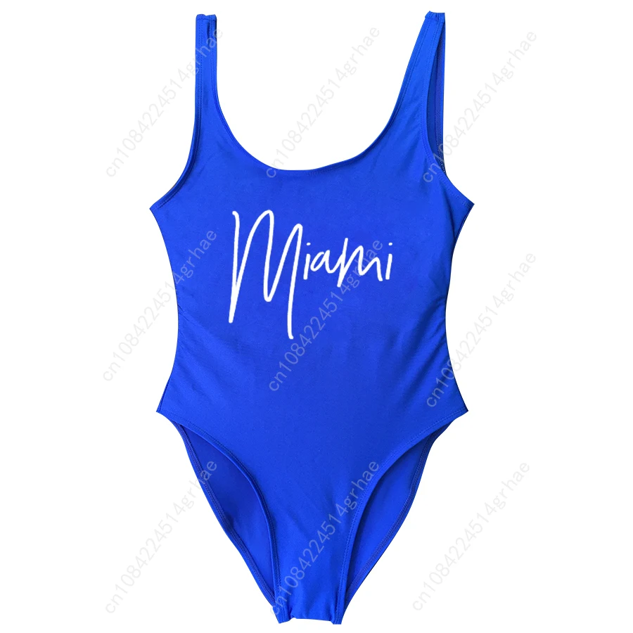 S-3XL MIAMI Letter  Women Swimwear One-Piece Swimsuit Bodysuit  Sexy Swimwear Solid Plus Size Bathing Suit Wear