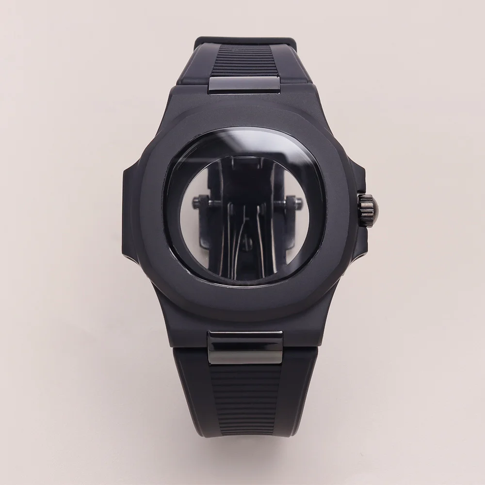 40mm Square Matte Black Watch Case Rubber Strap Sapphire Glass for Mod Nautilus Fit Seiko NH38 NH35 NH36 34 Movement 30.5mm Dial