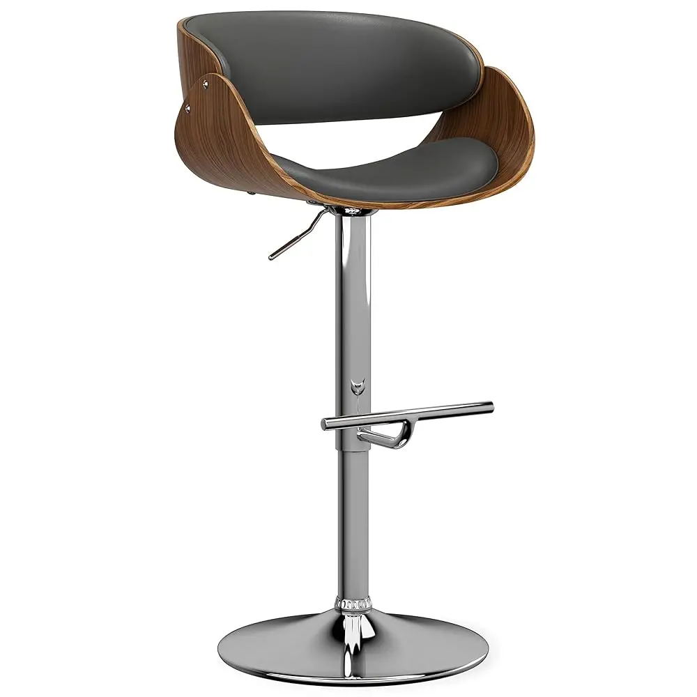 Taburete de bar giratorio ajustable Amery - Silla de metal tapizada en altura de asiento de 34 H en piel sintética vegana gris carbón, asiento medio