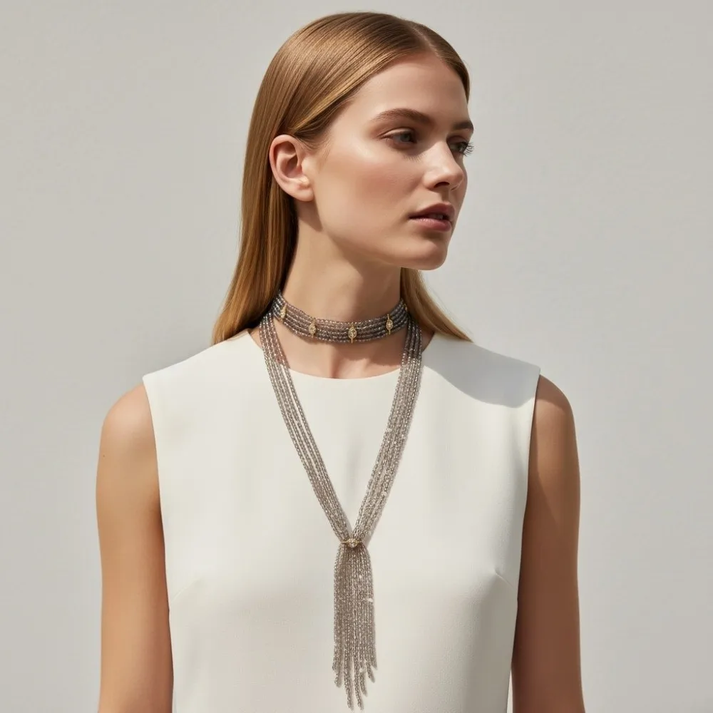 

2 PCS 2 Layers Stacked Beads Necklace Versatile Tassel Beaded Choker Necklace Handmade Jewelry Women Collarbone Chain Banquet