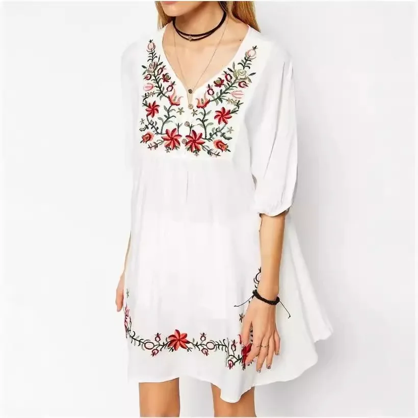 

Women Print Mini Dress Loose Half Sleeve V Neck Dresses A Line Spliced Elastic Waist Casual Elegant Beach Vestidos Lady Summer