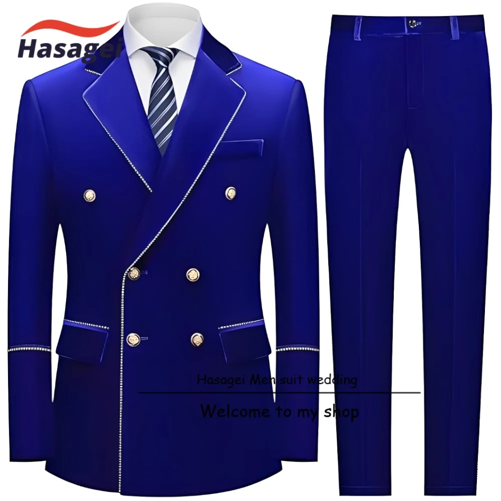 

Men's Velvet Suit 2 Pieces Slim Fit Double Breasted Jacket Pants Set Gold Buttons Blazer Groom Tuxedo Men Suits