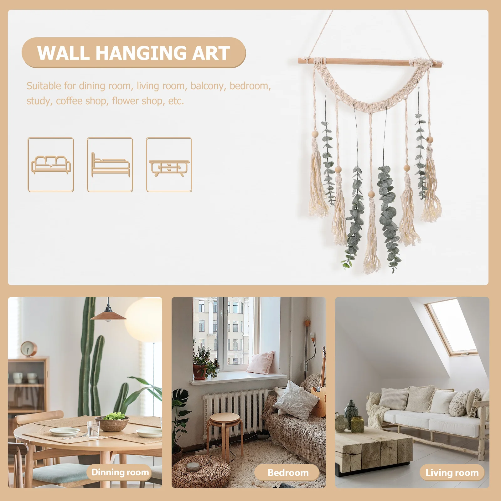 

1Set Woven Wood Bead Wall Hanging With Artificial Leaves Tassel For Living Room Bedroom Party Wedding Background Decor Pendant