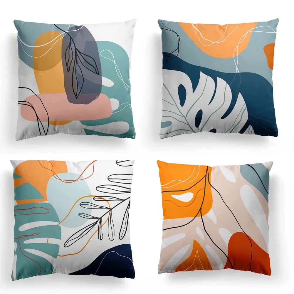 Bohemian Pillowcase Pack of 4, Modern Line Art Leafy Printing ,Modern Double-Sided Digital Printing(No pillow)