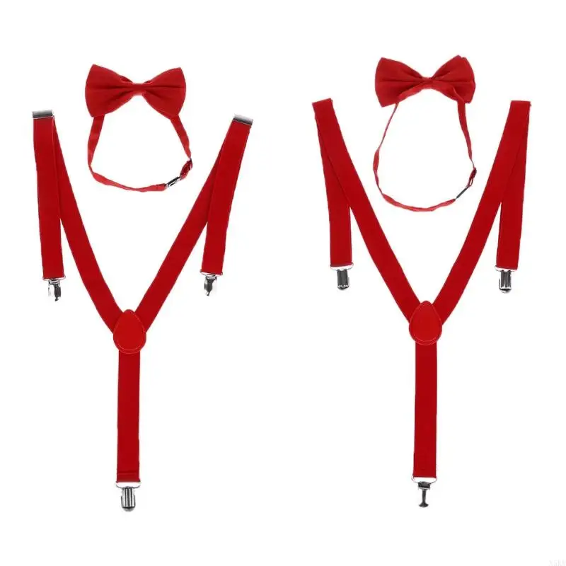 N5KB Unisex Adjustable Y-Back Suspenders Bow Tie Set Clip-On Braces Elastic Wedding