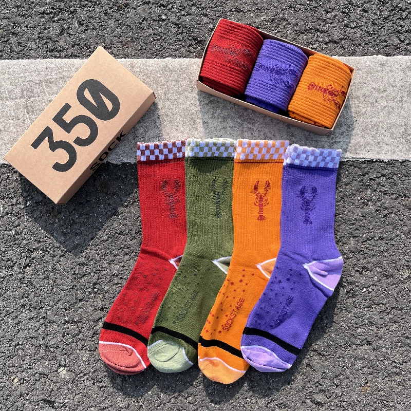 3piars/ Box Men's Socks Hip Hop Fashion Crayfish Printing Socks Basketball Series Sports Skateboarding Leisure Spring Socks