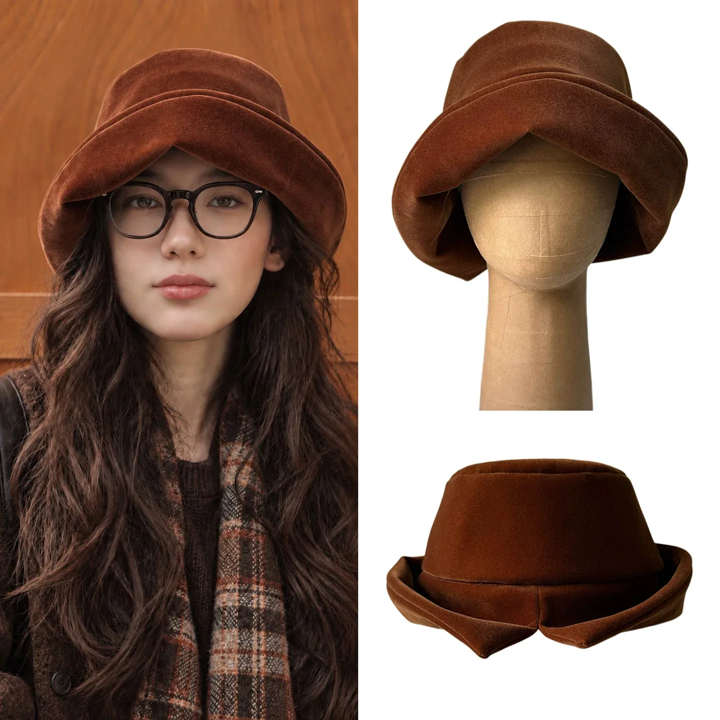 2027 Women Caramel Velvet Envelope Hat, Asymmetrical Flip Brim Moldable Fedora, Vintage Coat Matching Face Slimming Fashion Hat