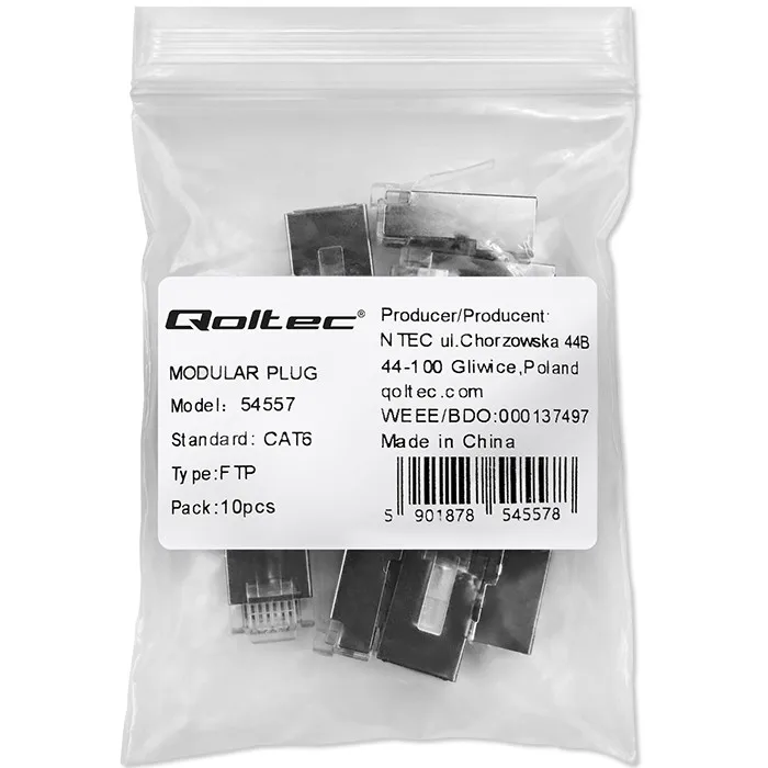 Qoltec Plug RJ45 modulaire connector | CAT6 | FTP | Vergulde contacten | 10 stuks