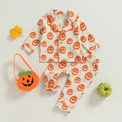 2023-07-08 Lioraitiin 0-4Years Toddler Baby Boy Girl Halloween Sleepwear Outfits Pumpkin Print Front Button Long Sleeve Top Pant