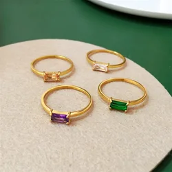 316L Stainless Steel Inlay Square Green White Purple Cubic Zirconia Modern Trendy Women Index Finger Ring Gold Plated Jewelry