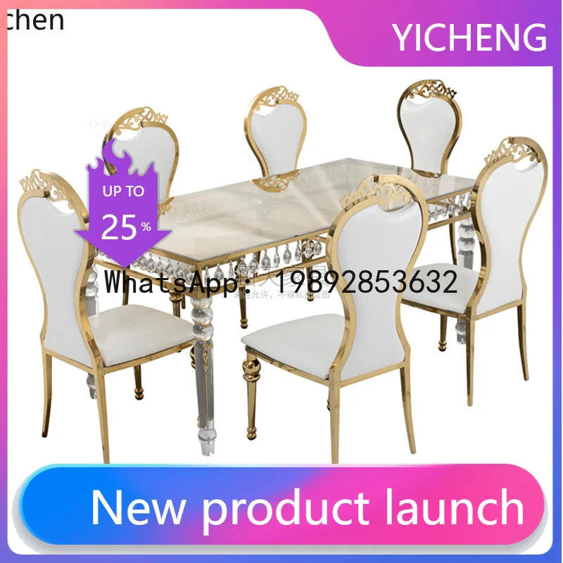 

X7 Acrylic Foot Gold Stainless Steel Frame Glass Crystal Pendant Dining Table