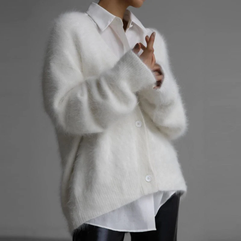 FADDISH New Women Fashion Faux Mink Hair Loose V Neck Cardigan Sweaters Female 2024 Antumn Winter Casual Solid Button Coats