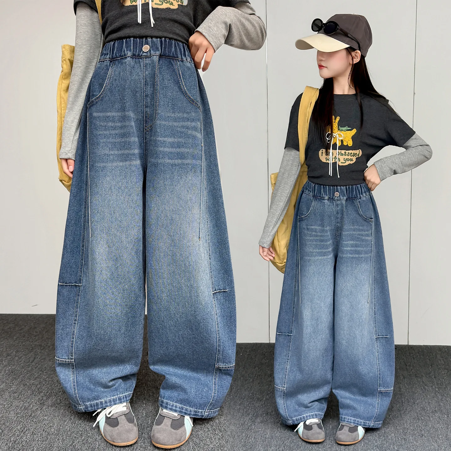 Girls Banana Pants 2026 Fall New Child Retro Washed Curved Jeans Loose Casual Trousers Trendy Kids Casual Straight Denim Pants