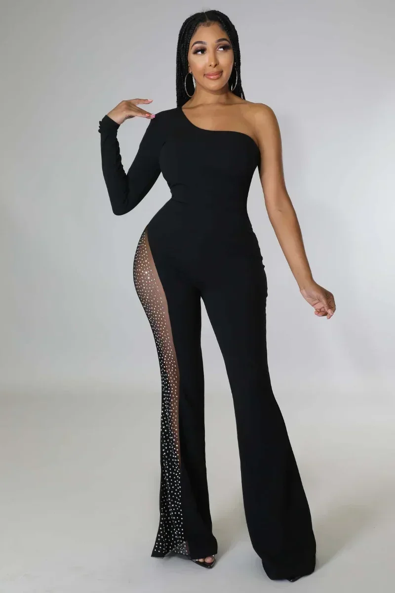 

GUWU Short Sleeve One Shoulder Diamonds Mesh Patchwork Straight Wide Leg Women Jumpsuit Sexy Playsuit One Piece Set