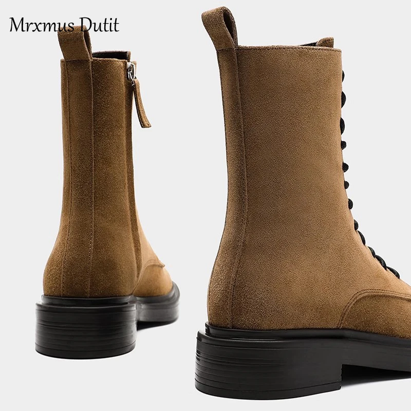 Mrxmus Dutit  2023 Autumn Winter Fashion New Women Genuine Leather Lacing Flat Short Boots Round Head Simple Casual Short Female