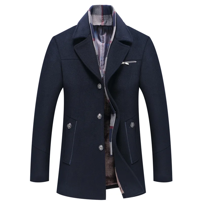 New Winter Men Wool Business Casual Trench Coats Fleece Warm Long Jackets Quality Male Scarf Collar Trench Jackets Size 4XL