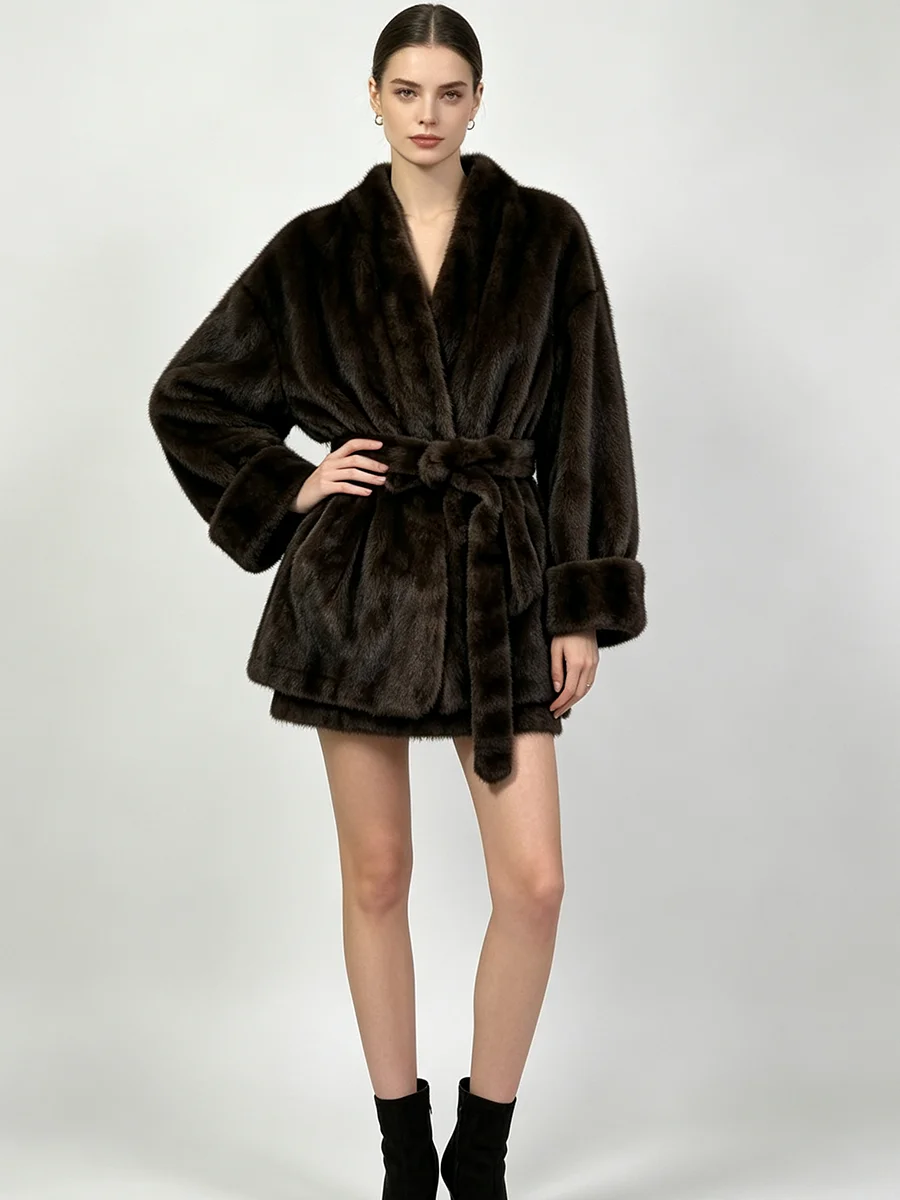 LIMO Women  Faux Coat V Neck Belted Waist Cuffed Sleeve Loose Short Luxury Winter Fur Jacket
