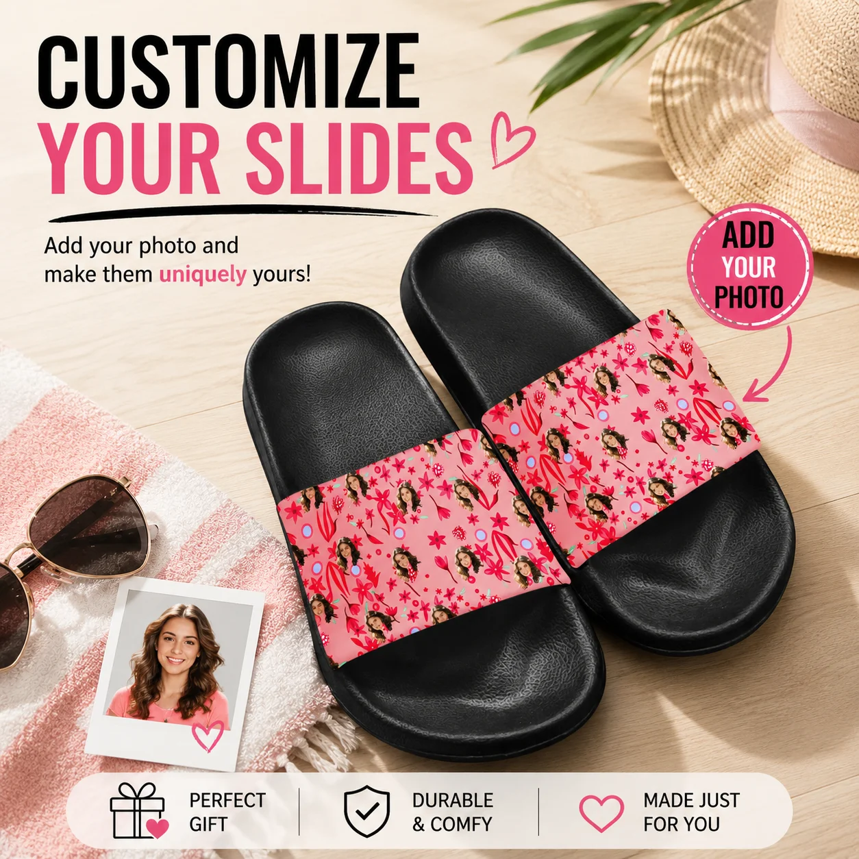 Custom Photo Slides • Personalized Picture Flip Flops • Custom Slides Gift for Him or Her