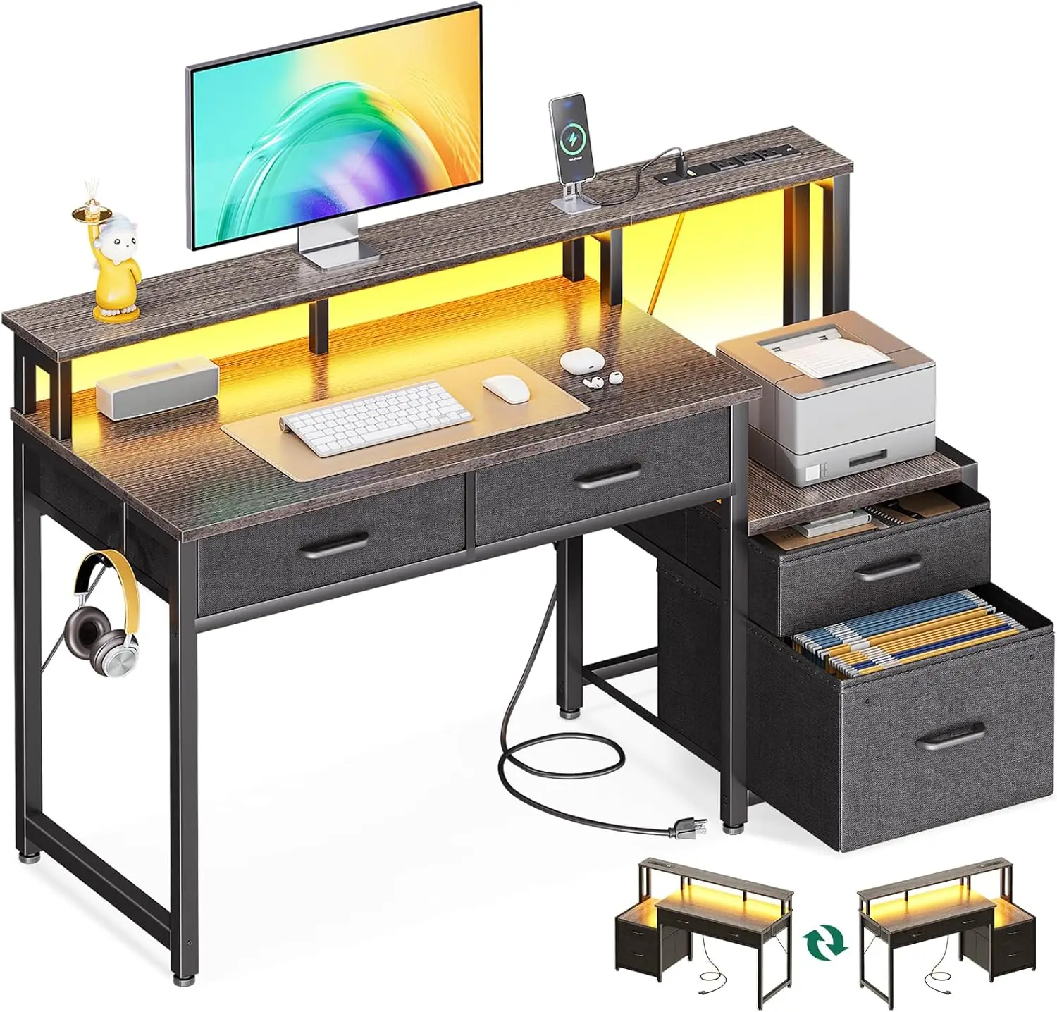 

Computer Desk With 4 Drawers, 48 H Reversible Desk With Led Lights & Power Outlet, Office Desk With File Drawer & Monitor