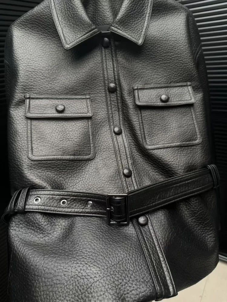 디자이너 여성 빈티지 천연 가죽 재킷 하이 스트리트 턴다운 칼라 싱글 브레스티드 허리띠 펑크 양가죽 모터사이클 코트