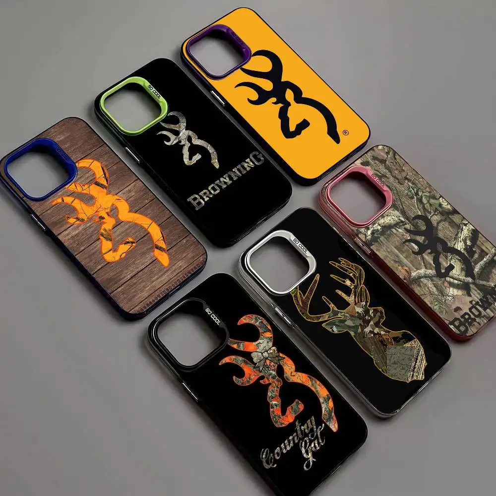 Capa de Celular B-Browning com Logo para iPhone 17 16 15 14 11 12 13 Pro Max Pro Plus, Capa Colorida Prateada
