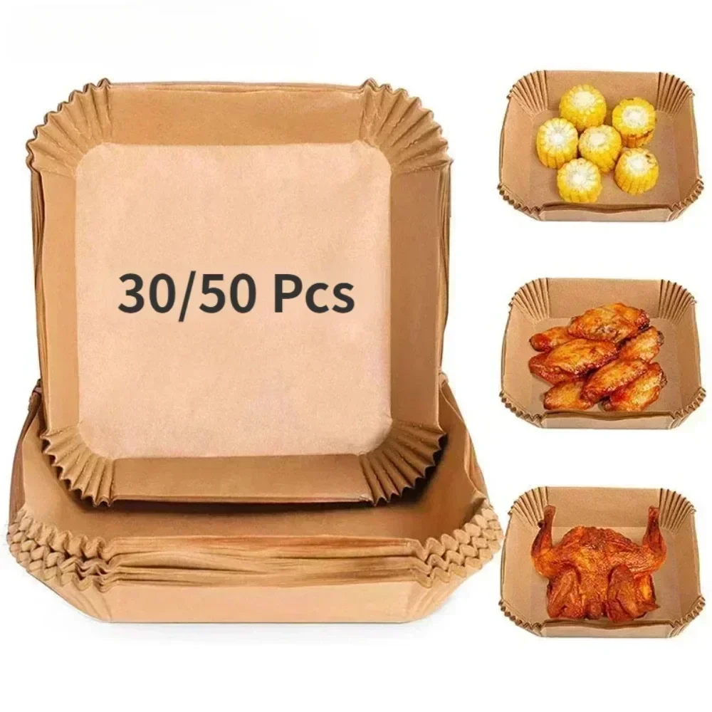 50/30 Stück Küchenzubehör Luftfritteuse Papier Küchenutensilien Einweg quadratisch rund Gebäckformen BBQ Platte Antihaft-Pad – Detail 1