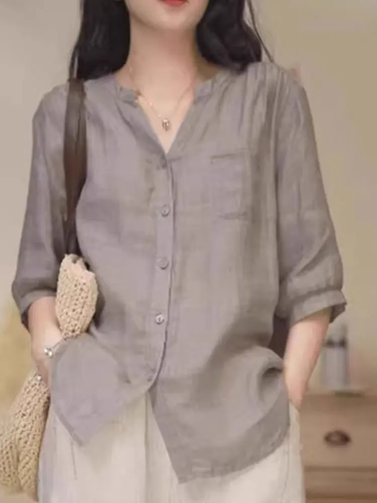 

Модный шикарный топ из шифона с одной пуговицей и рукавом 3/4, для офиса, лето 2025, в корейском стиле, прямого кроя, из шелка