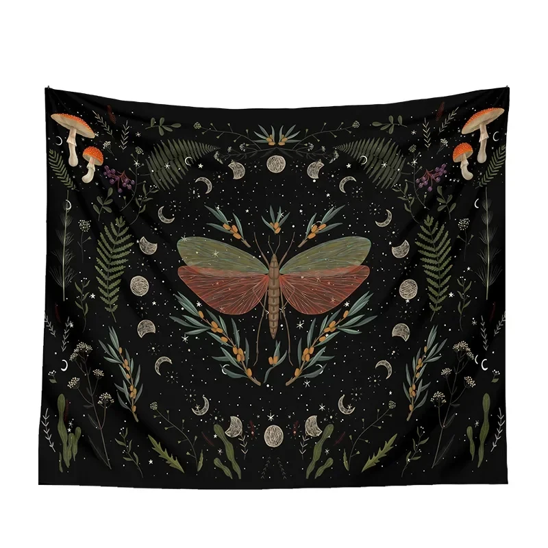 VIKAMA Dark Forest Moon Tapestry Large Moth Crescent Stars Wild Flower Design Lightweight Washable Aesthetic Wall Hanging