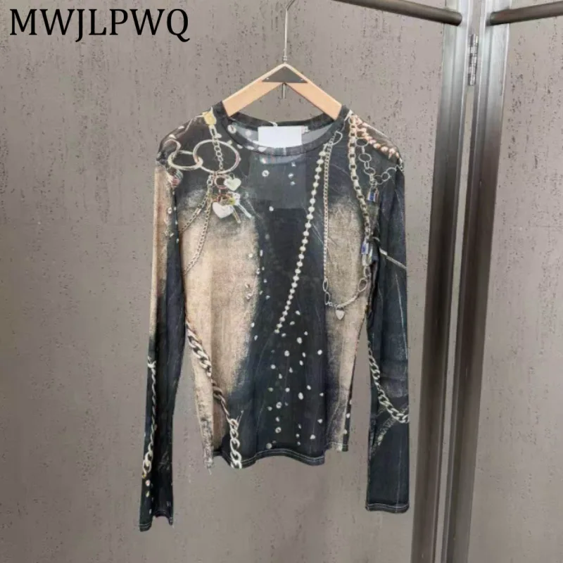 

MWJLPWQ Unisex Y2K Streetwear Mesh Top Chain Pearl Print Semi Sheer Long Sleeve Crew Neck T-shirts Grunge Gothic Autumn 15626