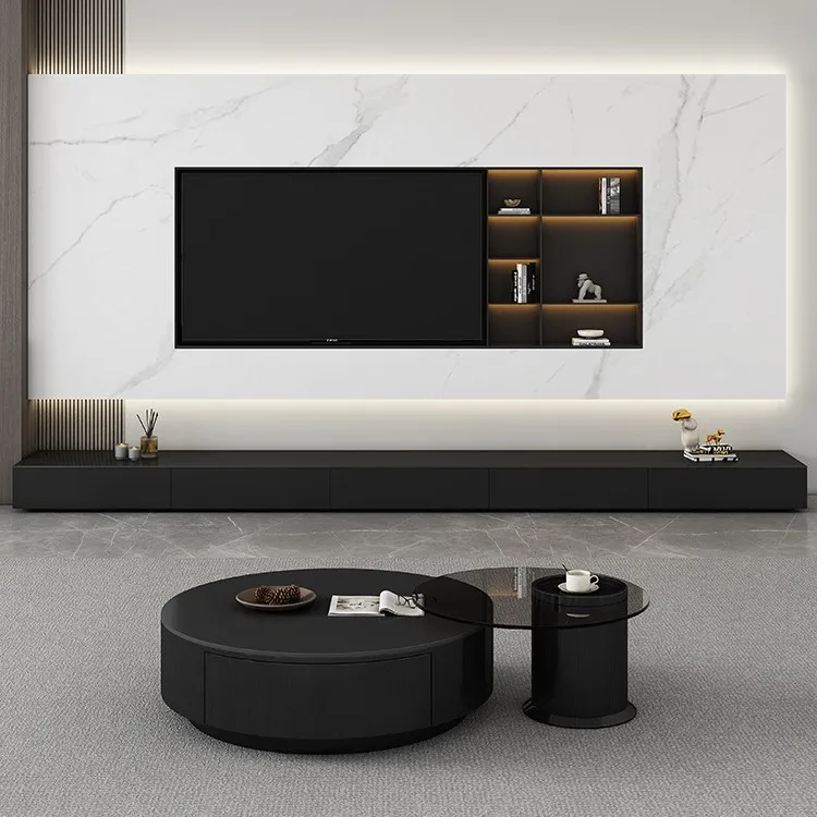 Factory Direct 2026 Black rock slab TV cabinet coffee table combination Italian super long floor cabinet household modern simple