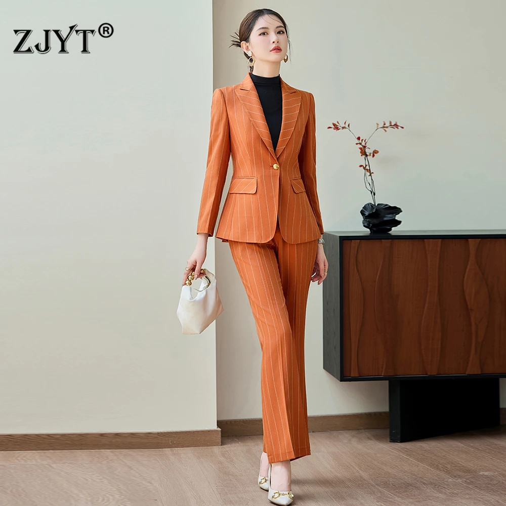 ZJYT أنيقة الخريف امرأة السترة البدلة مجموعة زر واحد مخطط كم طويل سترة وسراويل قطعتين الزي حجم كبير بنطلون