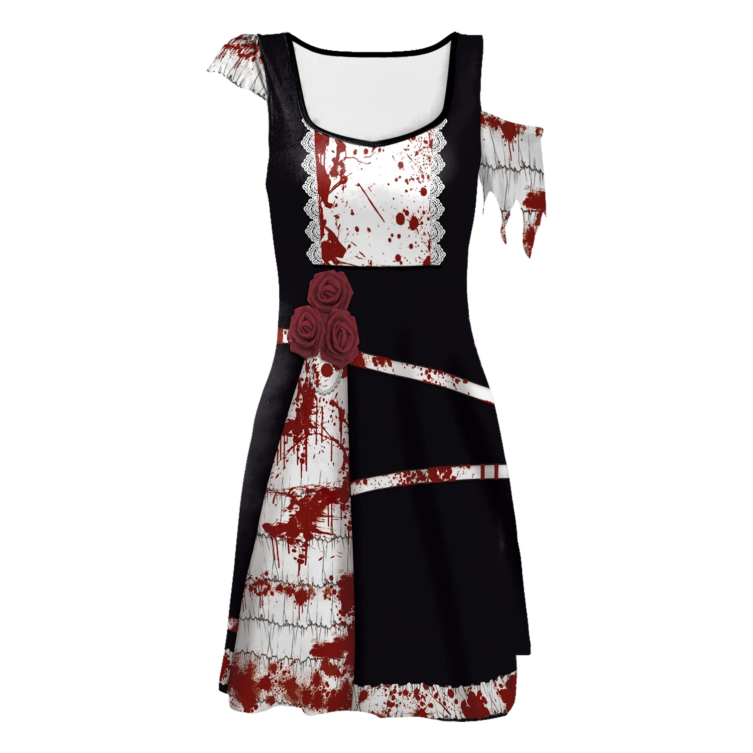 Halloween Horror Clown Dress Cold-Shoulder Black White Split Dress Pom-pom Blood Stain Print Fancy Cosplay Party Outfits