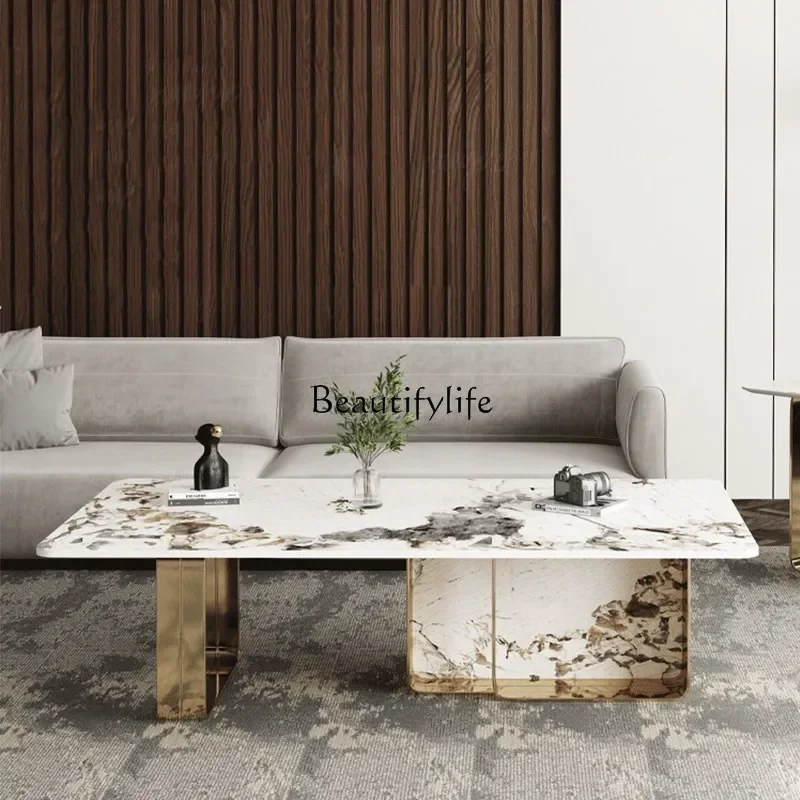 yj5 Italian rock slab coffee table TV cabinet combination living room light luxury Nordic style bright surface stainless steel t