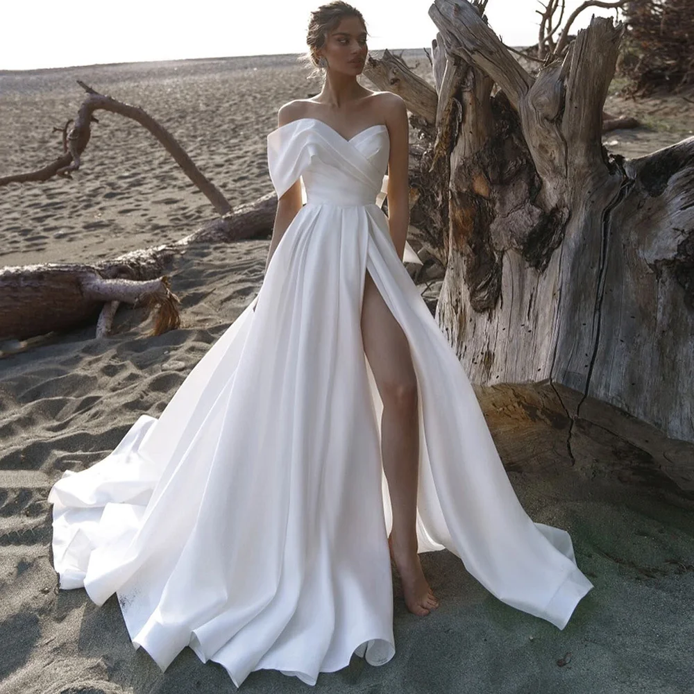 Sexy Beach Wedding Dresses Women Split Side One Shoulder Bride Dress 2023 Satin Wedding Gowns Summer Pleated Robe de Mariage