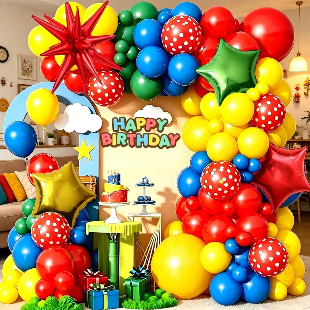 106-teiliges Ballondekorations-Set, einschließlich roter Exploding-Star-Ballons, roter, blauer, gelber und grüner Latexballon-Bogen-Girlande, 3 Stern-Folienballons, Geburtstagsbanner, erhältlich in verschiedenen Größen, geeignet für Geburtstagsfeiern, Superhelden-Themenpartys, Cartoon-/Videospiel-/Helden-Themenveranstaltungen, Weihnachten und andere Anlässe – Detail 4