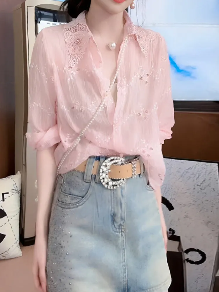 

Элегантная легкая розовая рубашка с длинным рукавом и отложным воротником, дышащая, летняя, новый стиль, женский тонкий кардиган-топ из комфортного хлопка