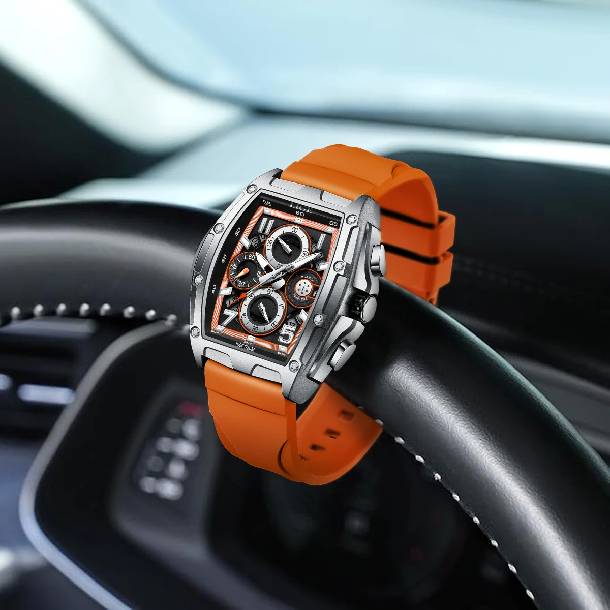 ساعة LIGE للرجال رياضية فاخرة وساعات عصرية للرجال بتصميم مربع فريد من نوعه كرونوغراف كوارتز وشريط مقاوم للماء