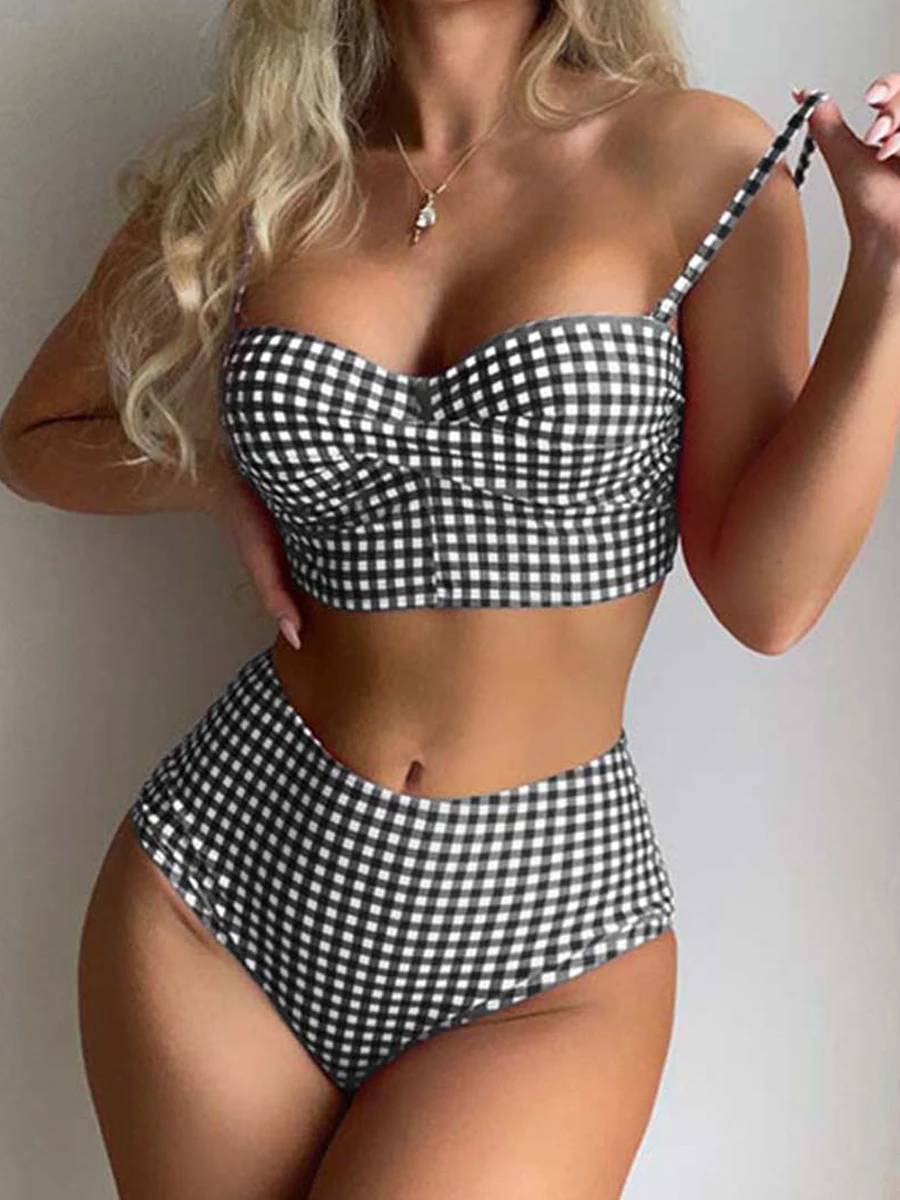 High Waist Bikinis 2023 Women Gingham Printed Swimwear Female Sexy Straped Swimsuit Female Padded Bathers Bathing Suit Beachwear