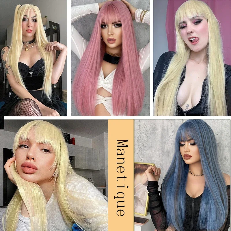 24inch Length Synthetic Blonde Wigs for Women Long Straight Wigs with Bangs Dark Brown Pink and Blue Daily Use Cosplay Wigs