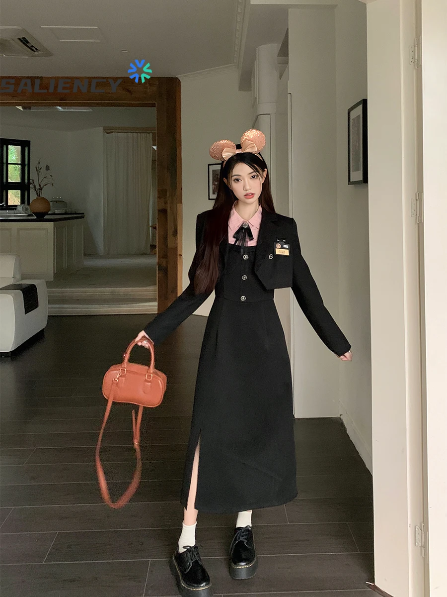 

College Style Three-piece Set Female Clothes Autumn Short Coat High Waist Split Suspender Skirt Bow Tie Shirt Suits 2023SS