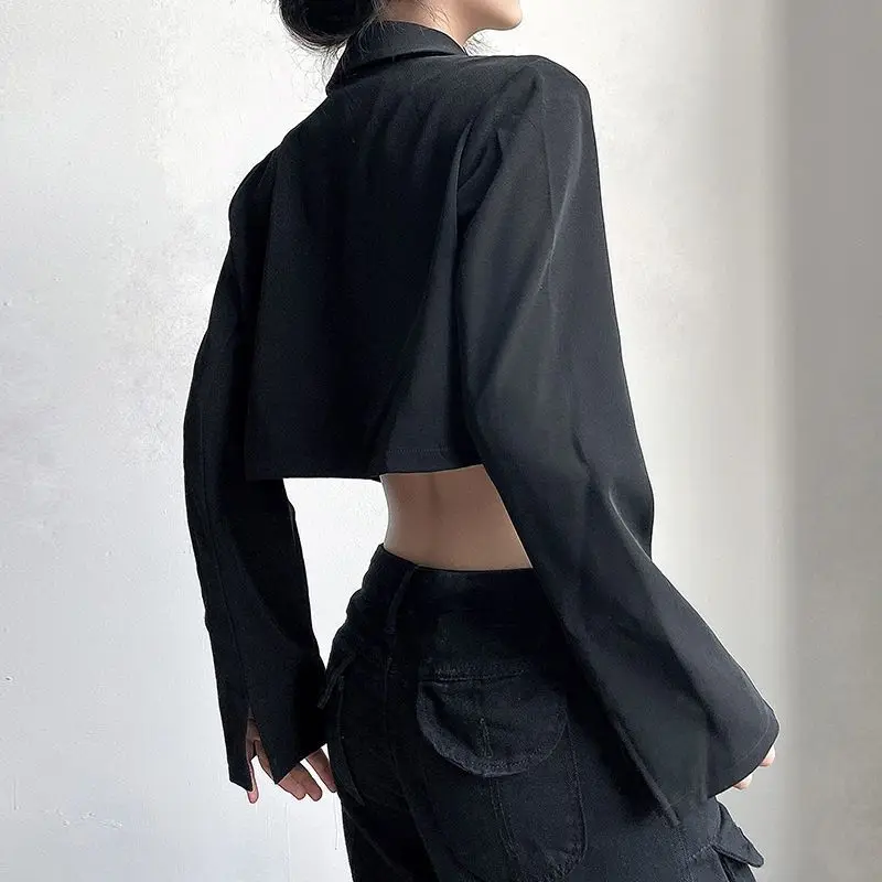 Cropped Đen Áo Nữ Dài Tay Phù Hợp Với Áo Khoác Khóa Thắt Lưng Thời Trang Nữ Blazer 2023 Giày Dạo Phố Áo Khoác Ngắn