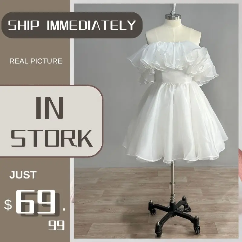 

LSYX【In Stock】Off Shoulder Organza Short Wedding Party Dress Boat Neck Ruffles Mini Length Bridal Gown