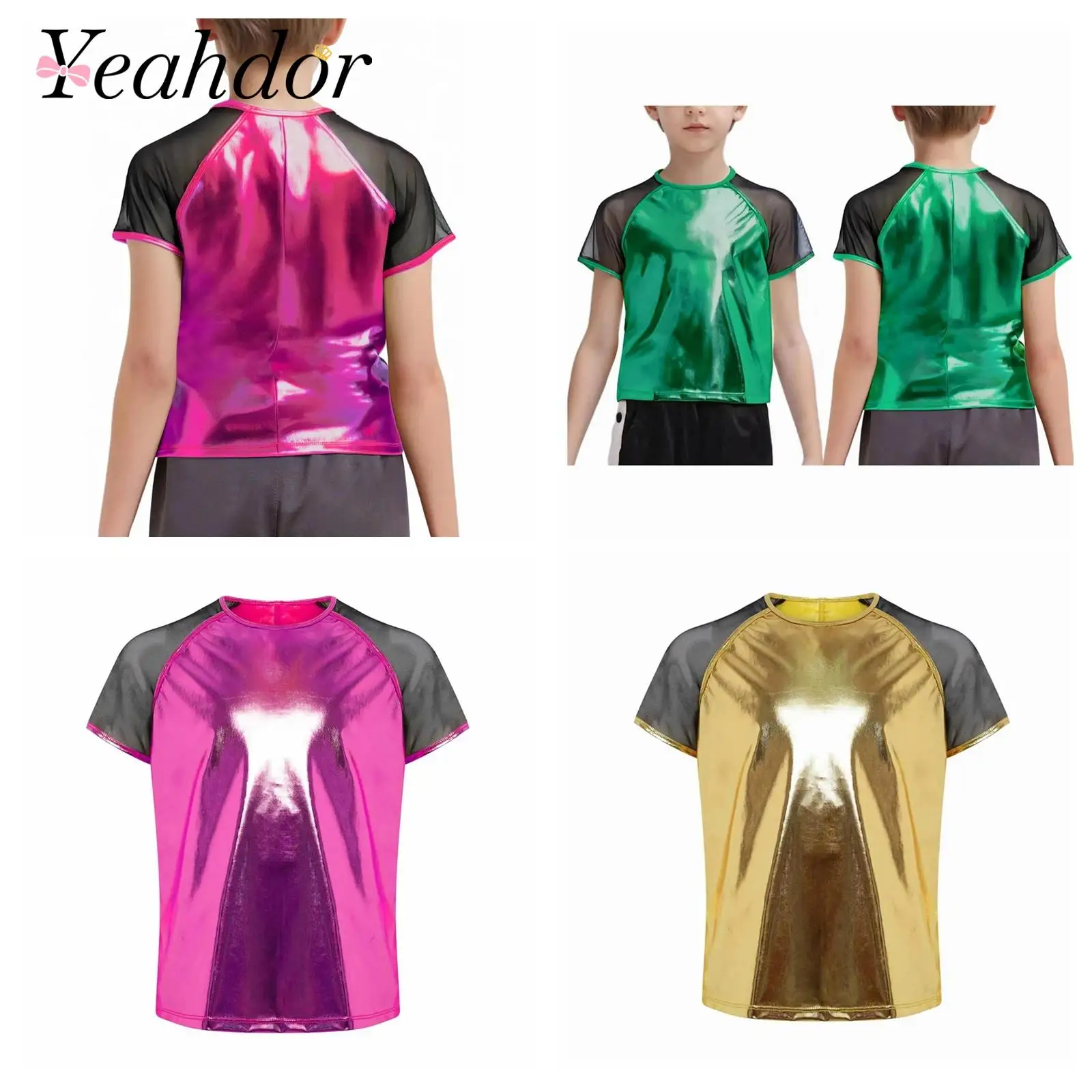

Children's T-shirts Kids Girls Boys Jazz Dance Top Sheer Mesh T-shirt Short Sleeves Round Neck Metallic Costume Hip Hop Clothes