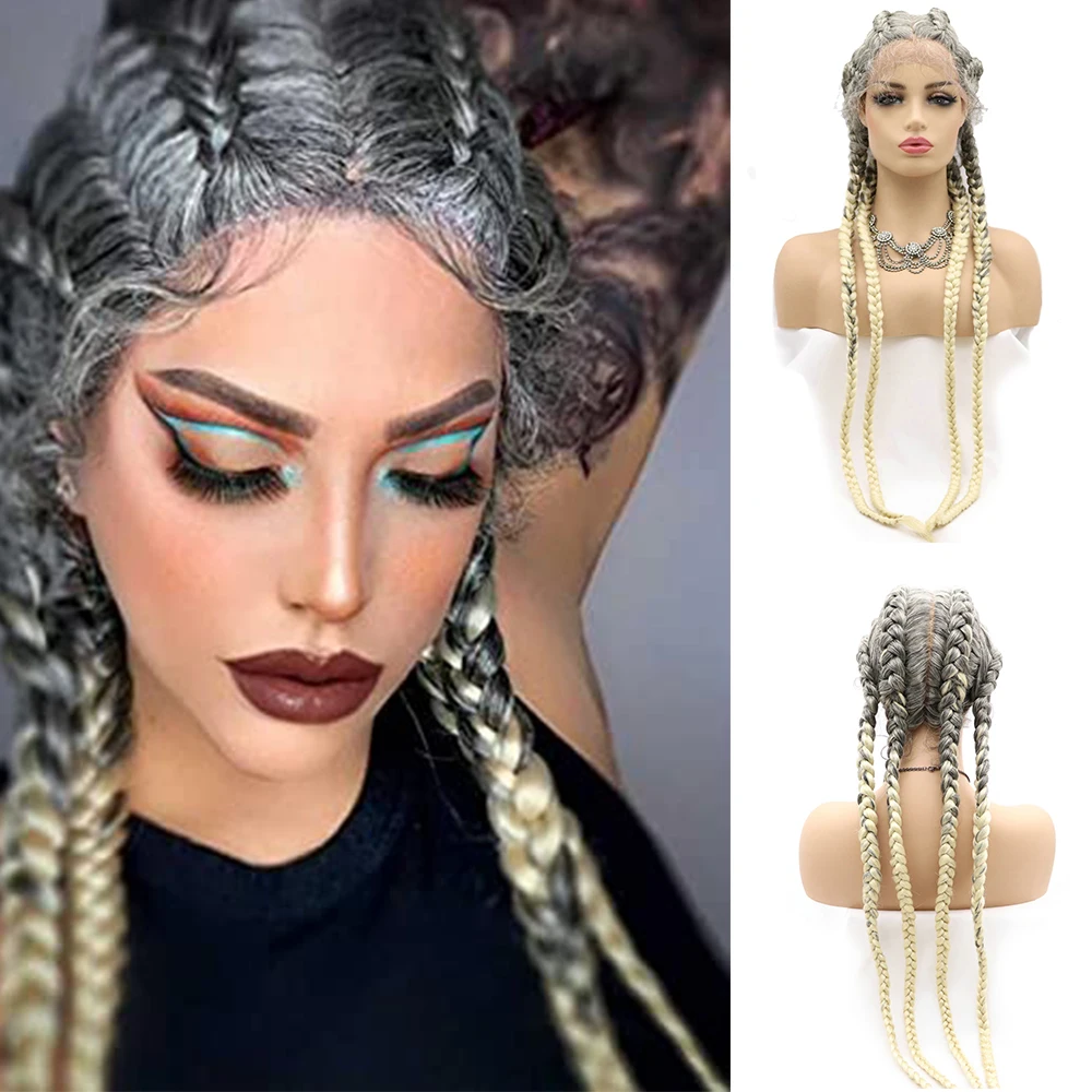 

Sylvia Long Mixed Silver Blonde Braids 4 Box Braids Cornrow Braided Wig with Baby Hair Synthetic Lace Front Wigs for Black Women