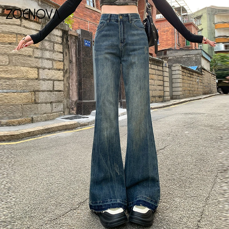 

ZOENOVA 2024 Spring New Style American Retro Raw Edge Micro Speaker Women's Jeans Fashion Casual High Waist Denim Flared Pants